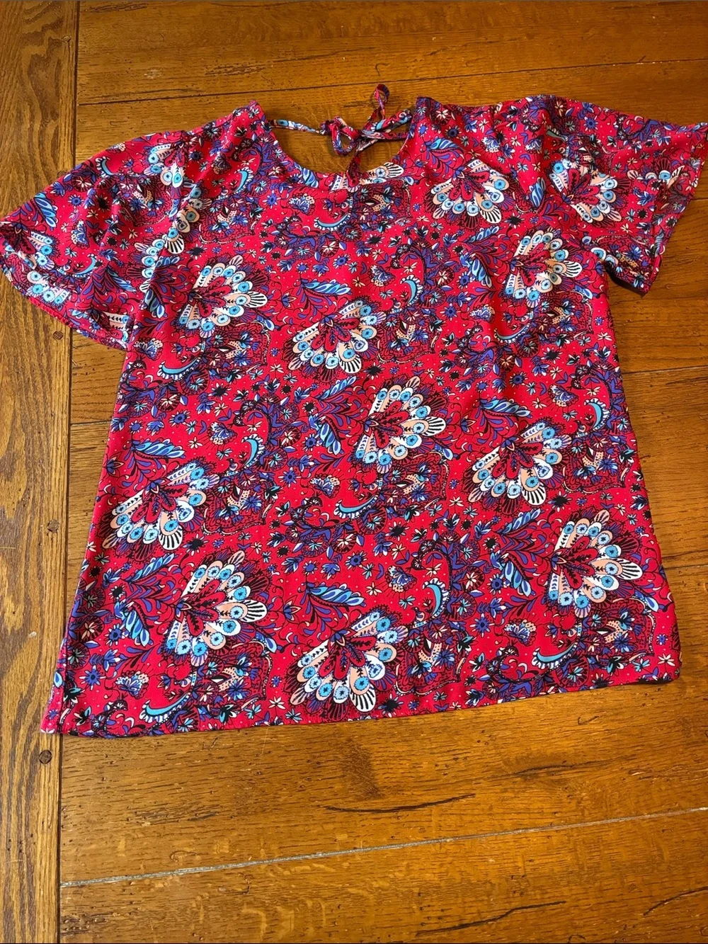 LOFT Red Floral Paisley Short Sleeve Blouse